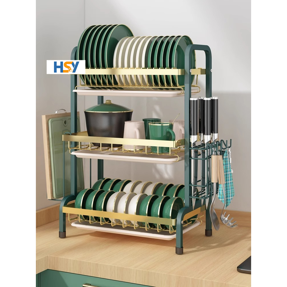 Hsy ชั้นวางจานสแตนเลส 2/3 ชั้น พร้อมถาดรองน้ํา ที่คว่ําจาน อเนกประสงค์ สําหรับครัว