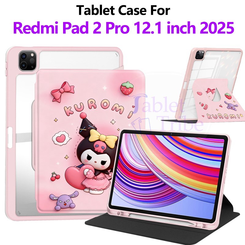 สําหรับ Redmi Pad 2 Pro 12.1 2025 25099RP13G คุณภาพสูง 360° หมุนฝาครอบน่ารักการ์ตูน Kuromi อะคริลิคแ