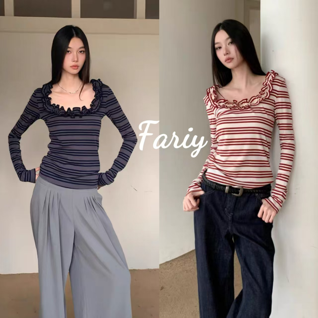 Fariy🍒คลังสินค้าพร้อม🍒 เสื้อยืดแขนยาวลายทางคอวีลูกไม้ดีไซน์ใหม่สำหรับผู้หญิงปี 2025 เสื้อชั้นในทรงเข้ารูปเข้ารูปสำหรับผู้หญิงฤดูใบไม้ร่วง