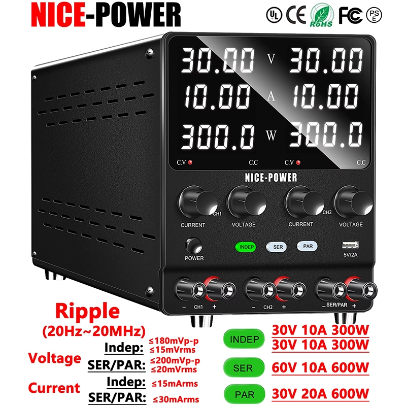 NICE-POWER Dual Output Lab Power Supply, 30V 10A ปรับ Switching Regulated Series (60V 10A) ขนาน (30V