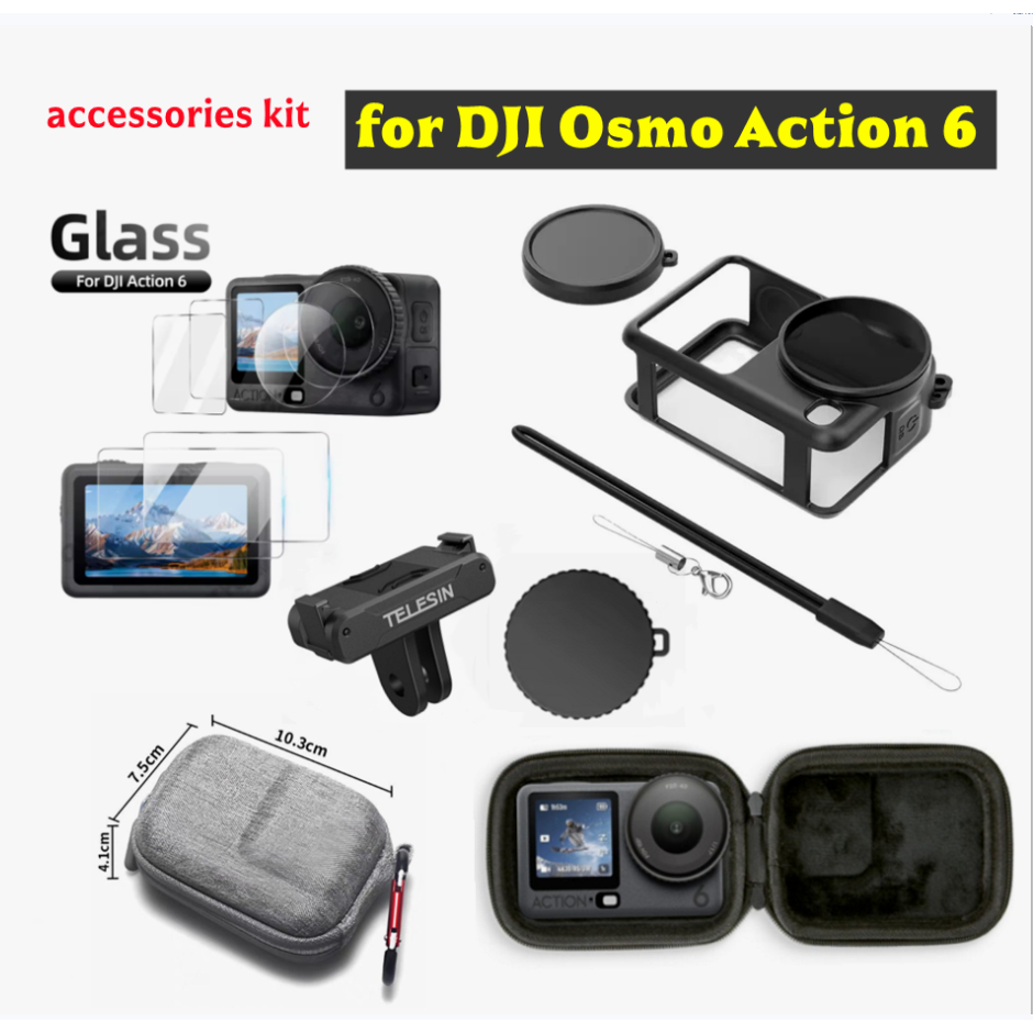 สําหรับ DJI OSMO Action 6 ชุดอุปกรณ์ป้องกันฟิล์มกระจกนิรภัยเลนส์ปกป้องหน้าจอ Ultra-Clear ป้องกันรอยขีดข่วนซิลิโคนป้องกันกรณีฝาครอบเลนส์กระเป๋าเก็บ