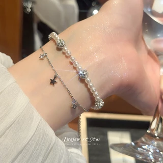สร้อยข้อมือแฟชั่นวินเทจสำหรับผู้หญิง พลอยเทียมและดาวมุกหลายชั้น