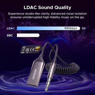 UGREEN อะแดปเตอร์ Bluetooth 6.0 Car AUX – เสียงความละเอียดสูง, LDAC/AAC/SBC, โทรแบบแฮนด์ฟรี, เชื่อมต่ออัตโนมัติ, สายขด 3.5 มม.