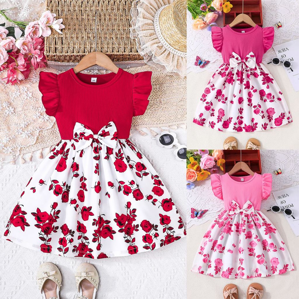 ​​ส่งจากไทย เดรสเด็กหญิง 2-7 ปี ลายดอกไม้ ประดับโบว์ หลายสีให้เลือก สำหรับวันเกิด เทศกาลสงกรานต์ วันเด็ก