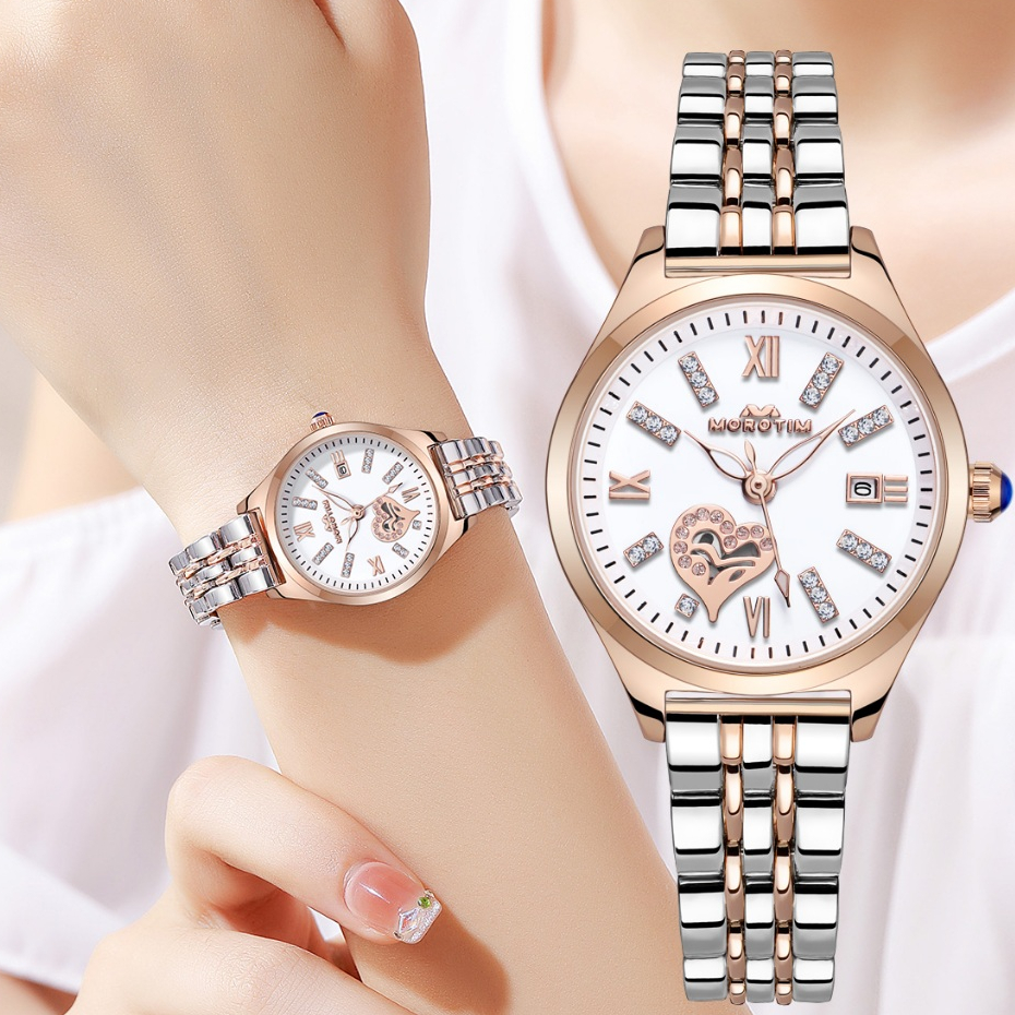 [ กันน้ํา 100% ] แบรนด์หรู มอร์ติม นาฬิกาผู้หญิงสแตนเลสนาฬิกาควอตซ์วันที่ส่องสว่าง 30 ม. นาฬิกากันน้ําพร้อมสายปรับกล่อง