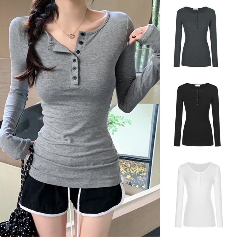 【WJZ】เสื้อยืดแขนยาวแฟชั่นสไตล์เกาหลีสำหรับผู้หญิง【6960】
