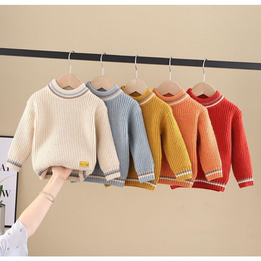 เสื้อถักนิตติ้งสีทึบรอบคอกลมสำหรับเด็ก ขนาด 1-7 ปี ให้อบอุ่นในฤดูหนาว