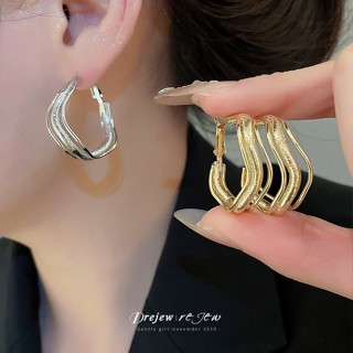 DREJEW เรขาคณิตสแควร์ Hoop ลายพิมพ์สองชั้น สีทองเงิน ต่างหูส…