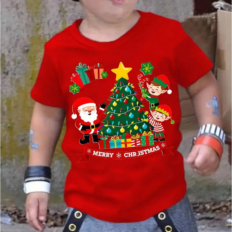 2-10ปี พร้อมส่ง เสื้อยืดเด็กคริสต์มาส สีแดงลายกวางซานต้า ผ้าฝ้ายบริสุทธิ์ Unisex - รูปที่ 6