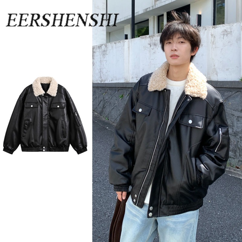 EERSHENSHI อเมริกันวินเทจปกหนังคอเย็บ Pu ควิลท์หนังเสื้อ