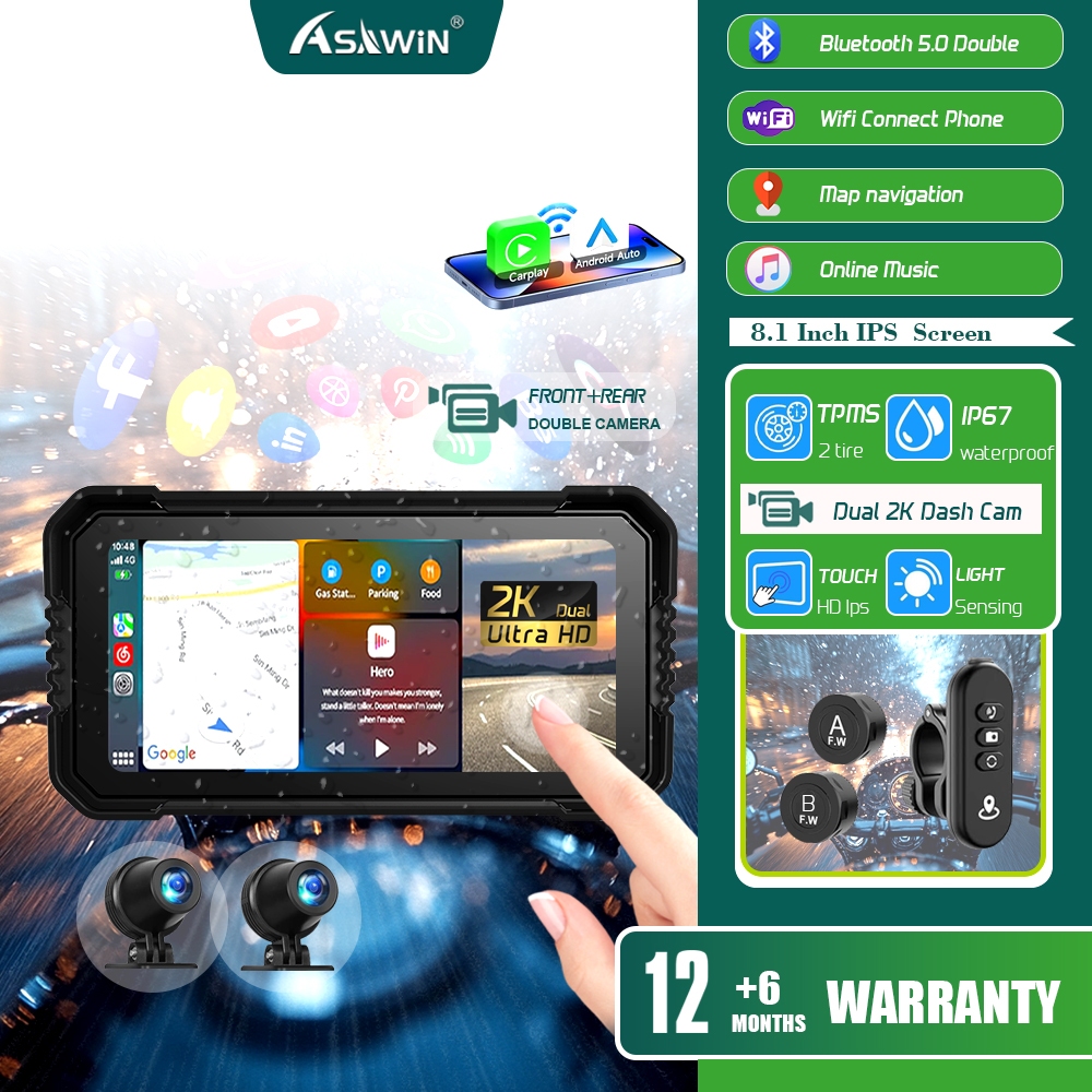 รถจักรยานยนต์ Carplay Android Auto TMPS 2K Dual lens Dash Cam Wifi Bluetooth Asawin 6.25 นิ้ว IPS HD Touch Screen รองรับ Siri/Google Voice control