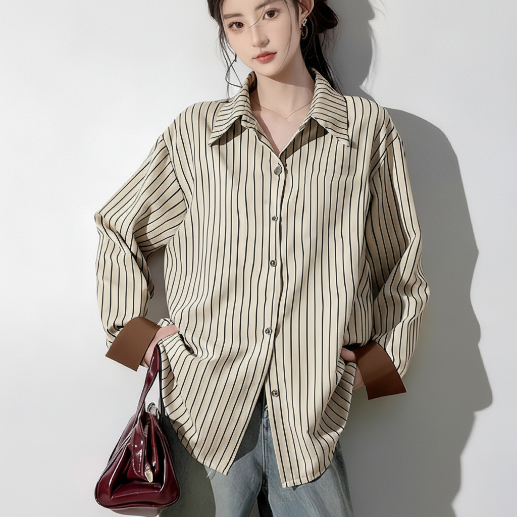 เสื้อเชิ้ตผู้หญิง เสื้อเชิ้ตลายทางแขนยาว ทรงหลวม สไตล์เรียบๆใส่ทำงาน เนื้อผ้าดี