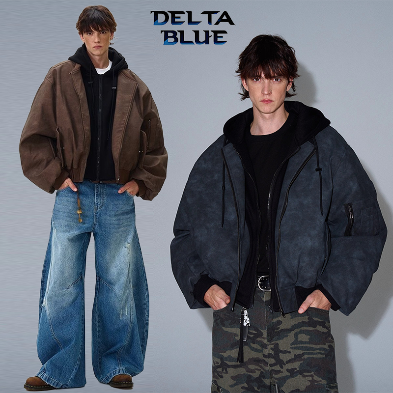 DELTA BLUE เสื้อเบสบอลย้อนยุค american มีฮู้ด ดีไซน์ 2 ตัวปลอม - ผู้ชาย ผู้หญิง ใส่คู่กันได้ ไซส์โอเวอร์ไซส์ ใส่สบาย เนื้อผ้าหนาแน่น แฟชั่นสมัยนิยม