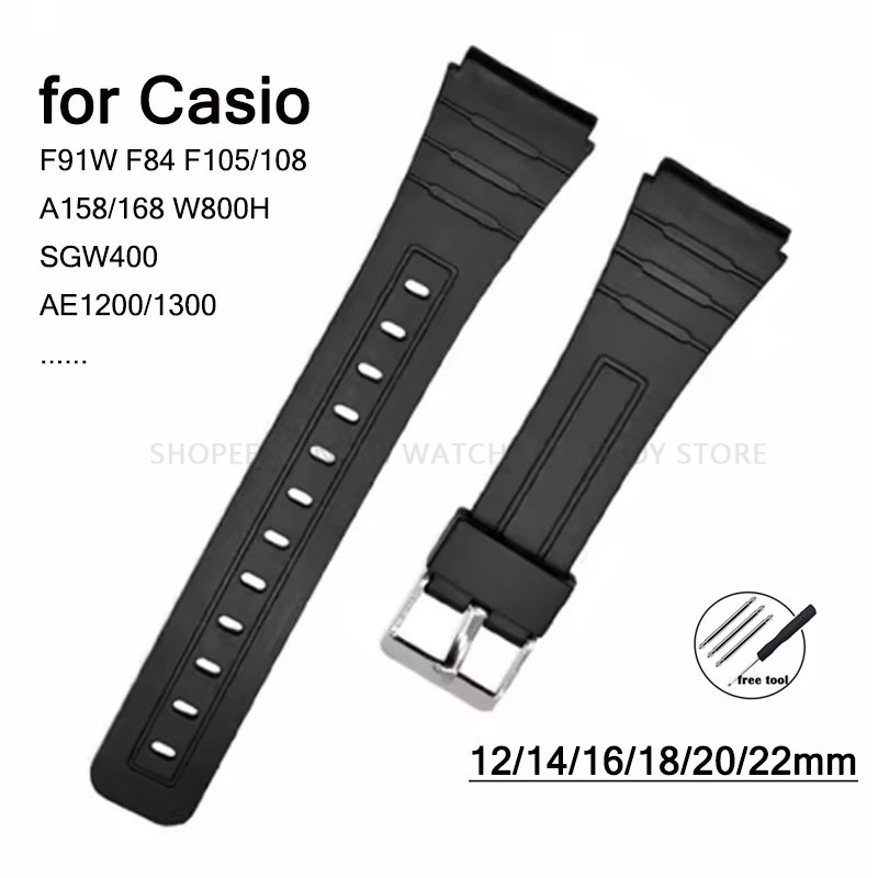 สายนาฬิกาซิลิโคนสีดํา 12 มม.14 มม.16 มม.18 มม.20 มม.22 มม.สําหรับ Casio AE1200/1300 W800H SGW400 F91W F84 F105/108 A158/168 นาฬิกาดิจิตอลยางกีฬาผู้ชายผู้หญิงสร้อยข้อมือนักเรียน