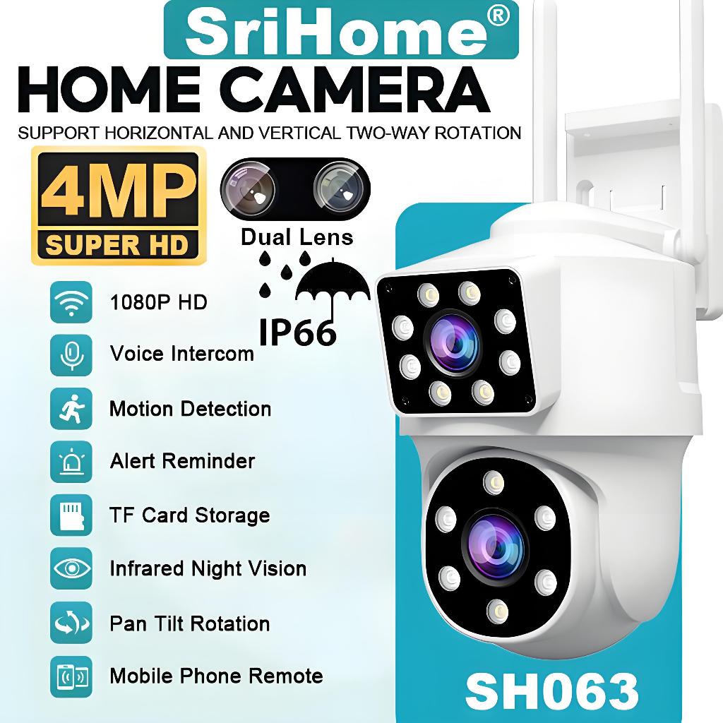 SriHome SH063 IP66 กลางแจ้งกันน้ํา Dual เลนส์กล้องวงจรปิด 4MP HD Night Vision เสียงสองทางสมาร์ท PTZ 