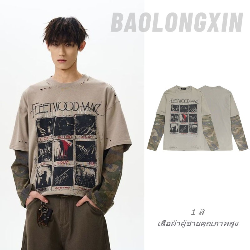 Baolongxin เสื้อยืดแขนยาวสไตล์ rock band อเมริกันเรโทร ทรงหลวมสำหรับแฟชั่น streetwear