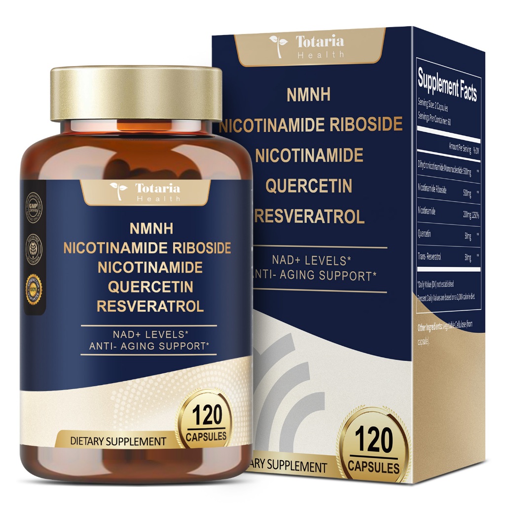 Totaria NMNH (NAD หรือ NMN อาหารเสริมทางเลือก) (Dihydronicotinamide Mononucleotide) Ultra Strength NAD+ รองรับ W/NR Resveratrol Quercetin การดูดซับเป็นพิเศษสําหรับ Anti-Aging