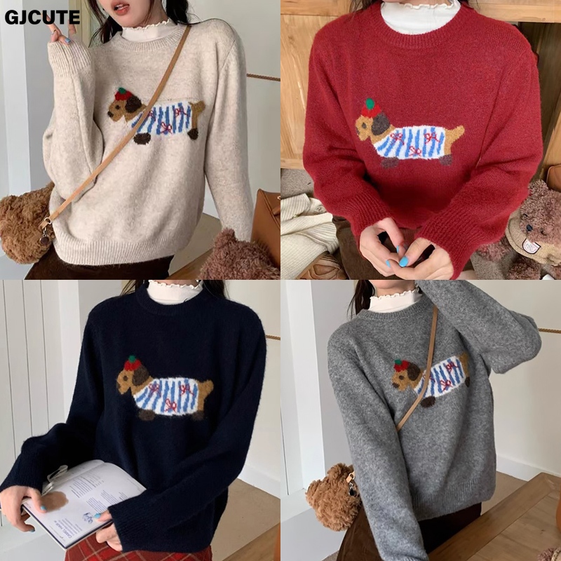 GJCUTE เสื้อกันหนาวผู้หญิงสไตล์เกาหลีเรโทร ออกแบบการ์ตูนลูกสุนัข แขนยาว สวมใส่สบายและคล่องตัว
