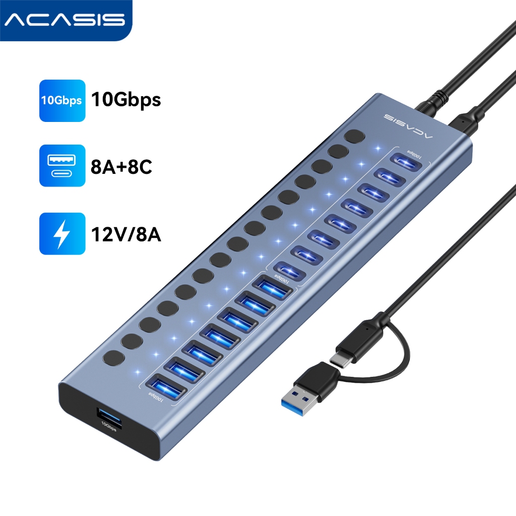 ACASIS 16 พอร์ต 10Gpbs USB3.2 Hub 8 * USB-A & 8 * USB-C 3.2 HUB รองรับ BC1.2 ชาร์จ 12V8A อะแดปเตอร์อลูมิเนียม Type-C Splitter สําหรับ Macbook อุปกรณ์เสริมเดสก์ท็อป