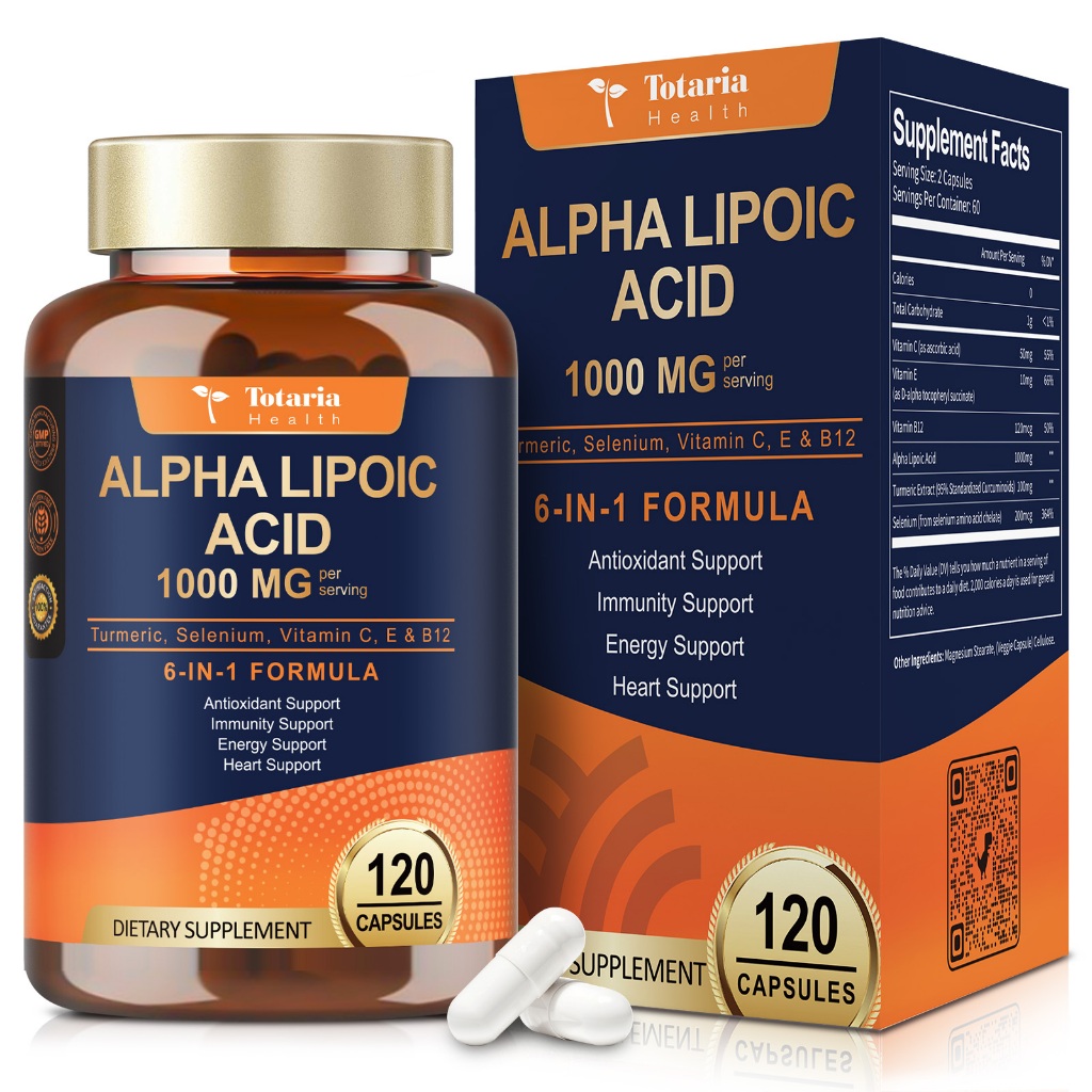 Totaria Alpha Lipoic Acid 1000mg Ala อาหารเสริมแคปซูลสําหรับ Neuropathy สนับสนุนอาหารเสริมสุขภาพประสาท,ตับ Detox สารต้านอนุมูลอิสระ Metabolsm และพลังงานเซลล์