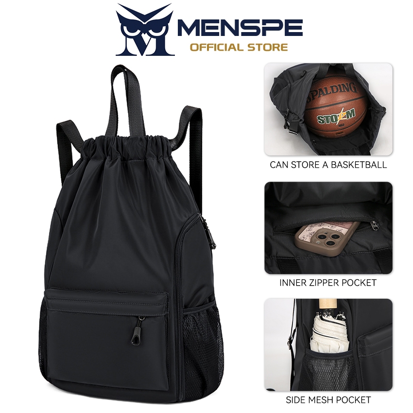 MENSPE กระเป๋าเป้สะพายหลังแบบมีเชือกกีฬา Unisex แฟชั่นกันน้ําความจุขนาดใหญ่กระเป๋าเป้บาสเก็ตบอลแบบพกพา