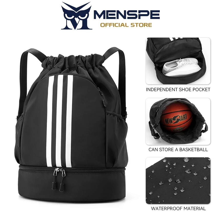MENSPE กระเป๋าเป้สะพายหลังแบบมีเชือกผูกสำหรับเล่นกีฬา Unisex พกพาได้ พับได้ กันน้ำ ความจุขนาดใหญ่ กระเป๋าเป้สะพายหลังแบบมีช่องใส่รองเท้าอิสระ