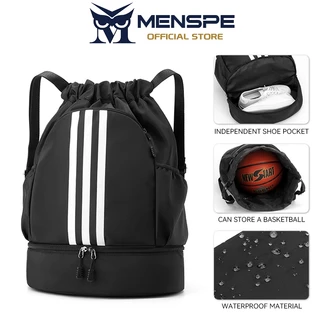 MENSPE กระเป๋าเป้สะพายหลังแบบมีเชือกผูกสำหรับเล่นกีฬา Unisex พกพาได้ พับได้ กันน้ำ ความจุขนาดใหญ่ กระเป๋าเป้สะพายหลังแบบมีช่องใส่รองเท้าอิสระ