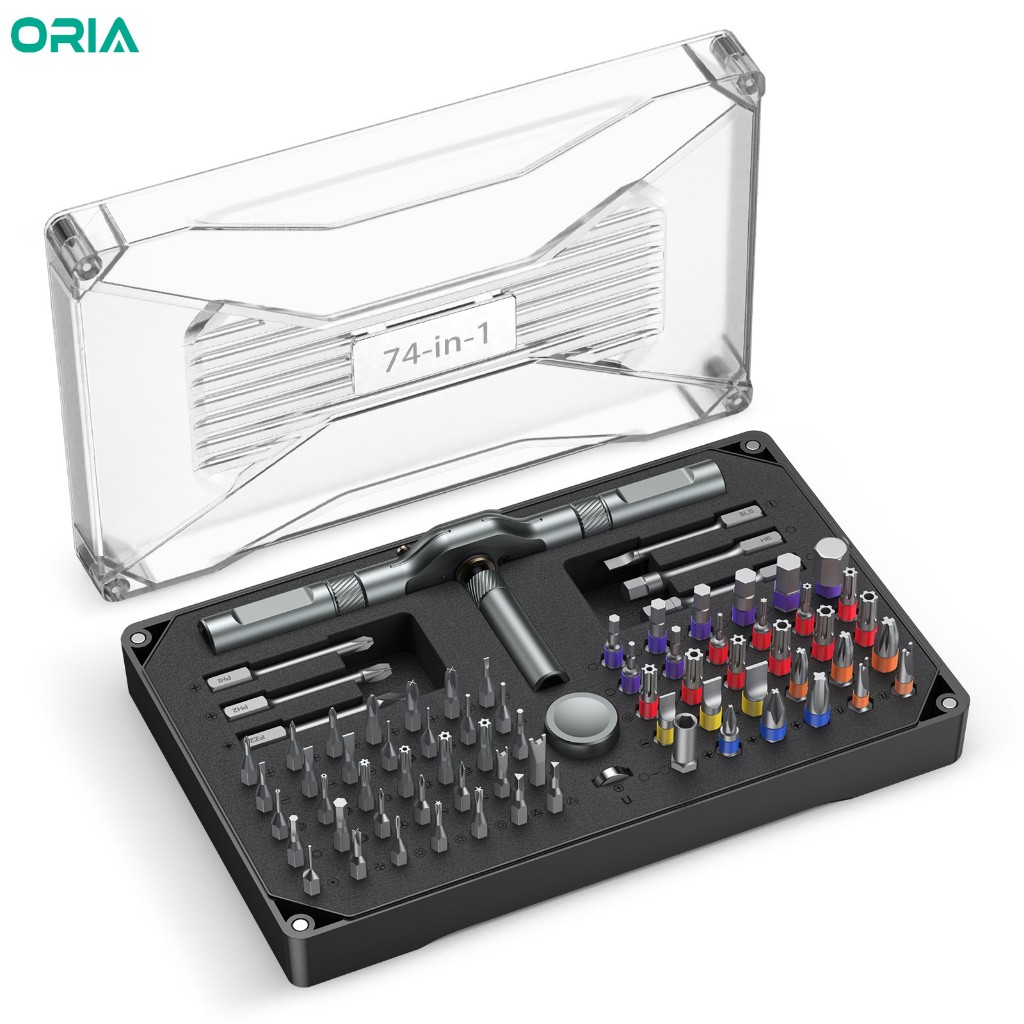 ORIA 74 in 1 Ratchet ไขควงชุด Precision เครื่องใช้ไฟฟ้าซ่อมเครื่องมือ 71 ชิ้น S2 เหล็ก Magnetic Bits สําหรับเฟอร์นิเจอร์ประกอบจักรยานและ DIY ผู้ที่ชื่นชอบ