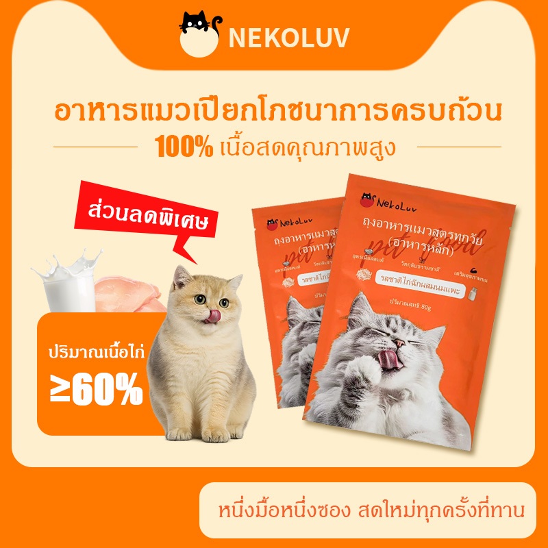 [ซื้อ 6 แถม 6] NekoLuv อาหารเปียกแมว แมวโต ไม่เติมเกลือ ไม่เค็ม รสไก่ฉีกและนมแพะ 80 กรัม