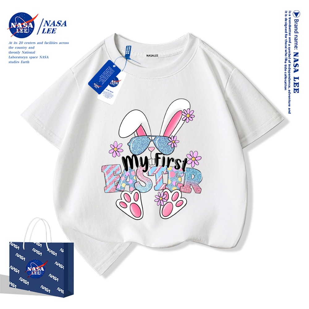 2025สินค้าใหม่! เสื้อยืดแขนสั้นสำหรับเด็กNASAสบายและนุ่ม ผ้าฝ้ายแท้ 100% ลายการ์ตูนกระต่าย