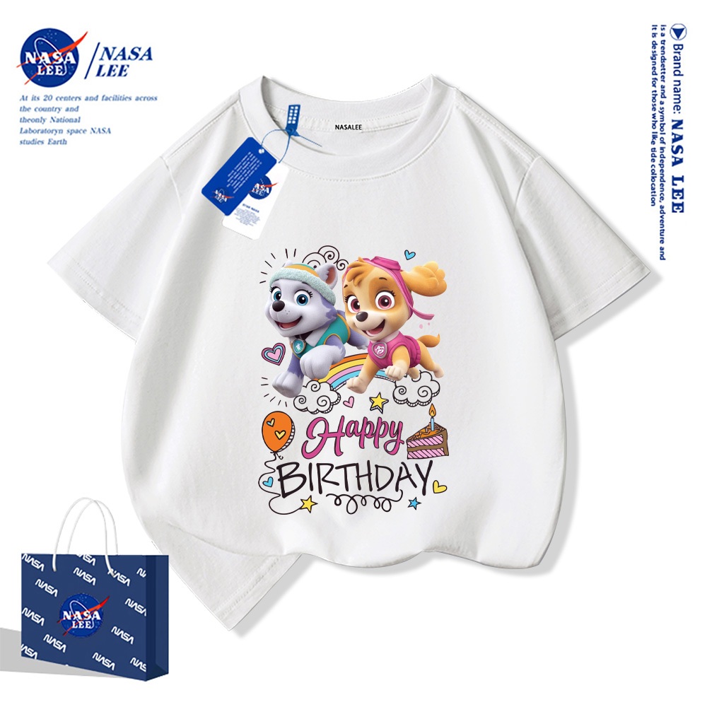 2025สินค้าใหม่! เสื้อยืดแขนสั้นสำหรับเด็กผู้หญิง NASA ลายการ์ตูน Paw Patrol สบายและนุ่ม ผ้าฝ้ายแท้ 100%