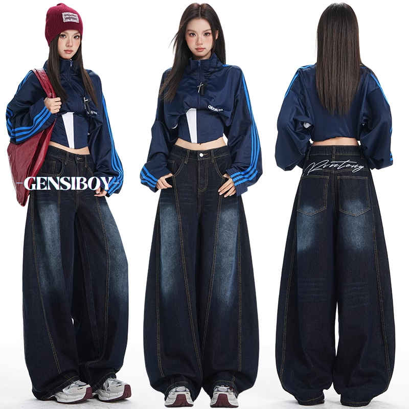 Gensiboy-กางเกงยีนส์ผู้ชาย สีน้ำเงินเข้ม ดีไซน์ปักลาย ทรงกระบอกใหญ่ baggy jeans กระบอกใหญ่ ย้อนยุค สไตล์อเมริกัน ขากว้าง กระเป๋าใหญ่