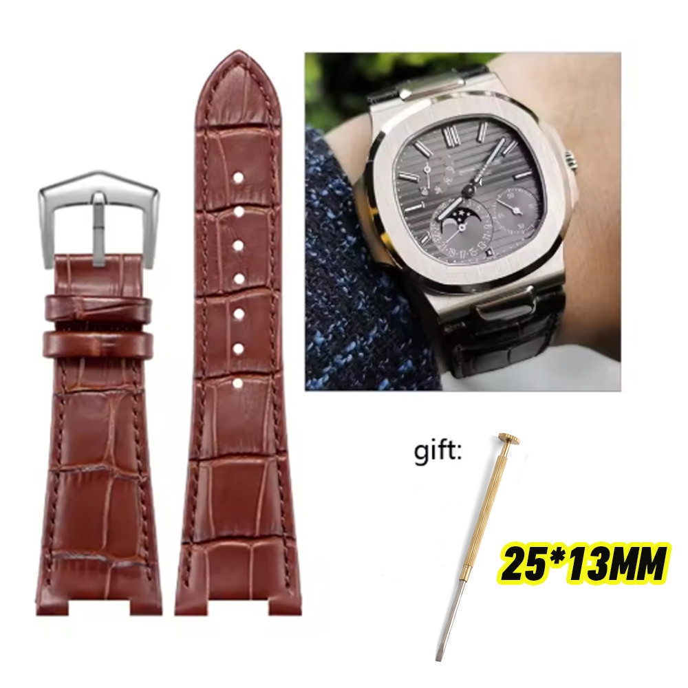 สายนาฬิกาหนังแท้สําหรับ Patek Philippe Nautilus Series PP5711 5712G สายนาฬิกาหนังวัวเว้า 25 มม.* 13 มม.