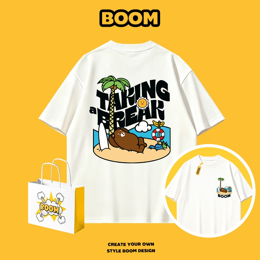 BOOM เสื้อยืดคอกลม ใส่ได้ทั้งชายและหญิง ผลิตจากผ้าคอตตอน 100% Oversize ระบายอากาศดี เหมาะสำหรับเยาวชน
