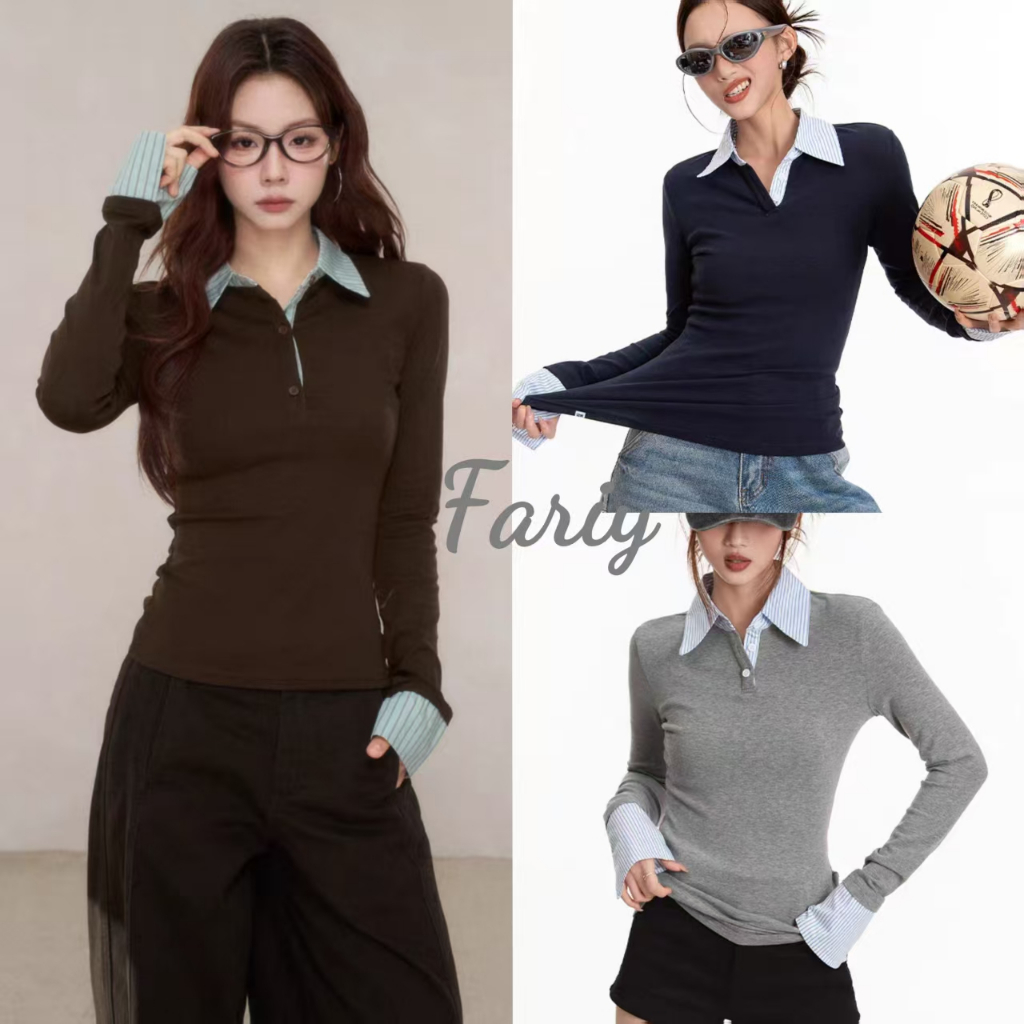 Fariy🍒คลังสินค้าพร้อม🍒 เสื้อเบลาส์ถักคอโปโลสีตัดกันสำหรับผู้หญิงในช่วงต้นฤดูหนาว เสื้อตัวใหม่เข้ารูปเข้ารูปทันสมัย