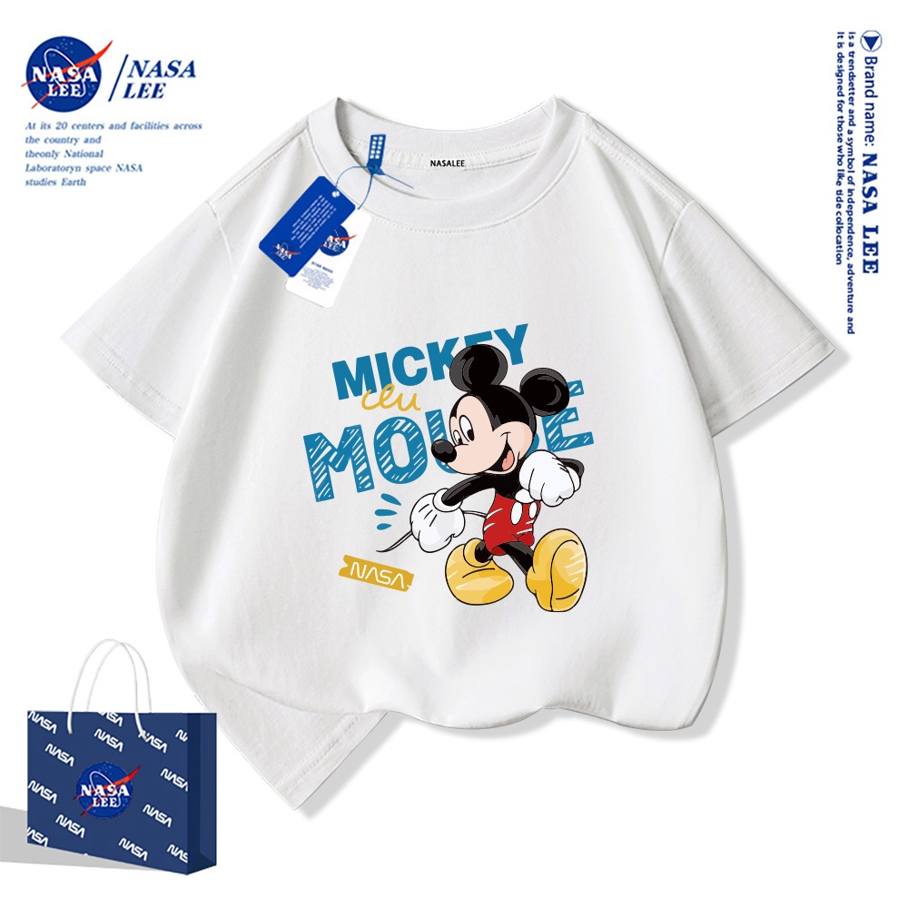 NASA เสื้อยืดแขนสั้นเด็ก Mickey Mouse ลายการ์ตูน ผ้าฝ้ายแท้ 100% สบายและนุ่ม สไตล์เกาหลี คุณภาพดี