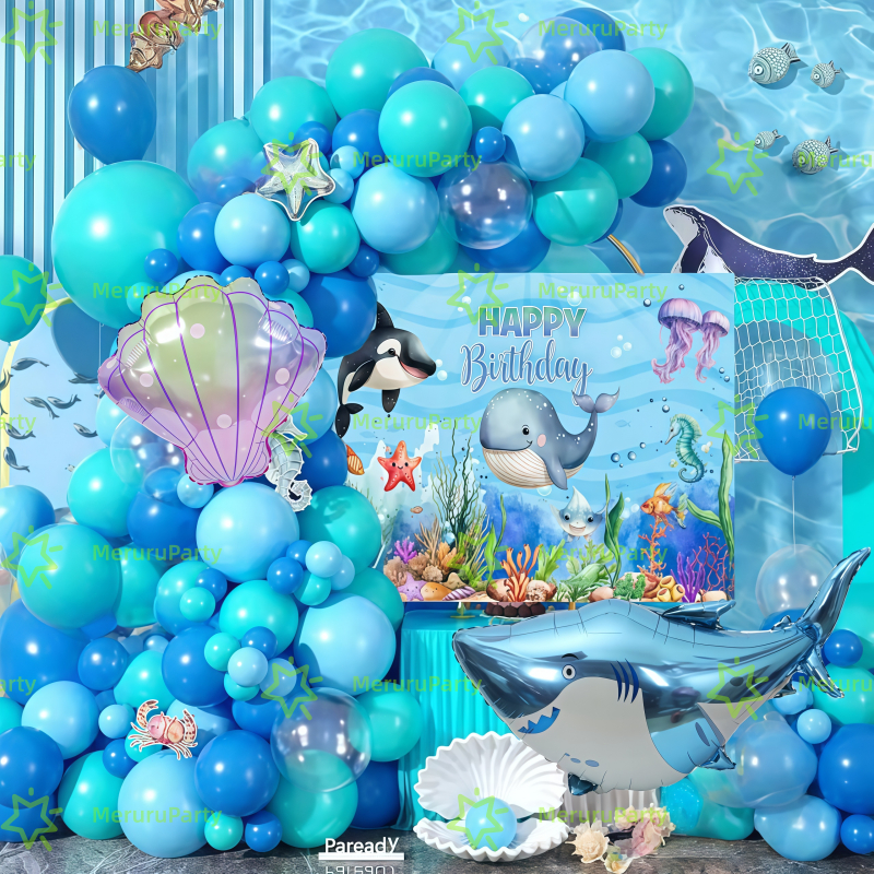 Ocean Theme บอลลูน Garland Arch Kit Blue Baby Shark Mini Ocean สัตว์วันเกิดบอลลูนต้องการ