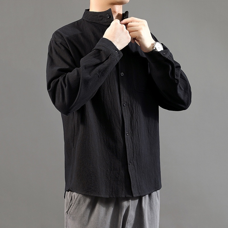 เสื้อเชิ้ตแขนยาวผู้ชายเสื้อยืดลําลองผ้าฝ้ายและผ้าลินินหลวมสําหรับชีวิตประจําวัน - รูปที่ 7