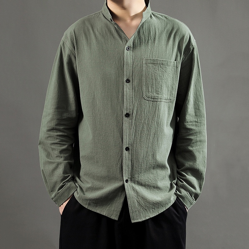 เสื้อเชิ้ตแขนยาวผู้ชายเสื้อยืดลําลองผ้าฝ้ายและผ้าลินินหลวมสําหรับชีวิตประจําวัน - รูปที่ 3