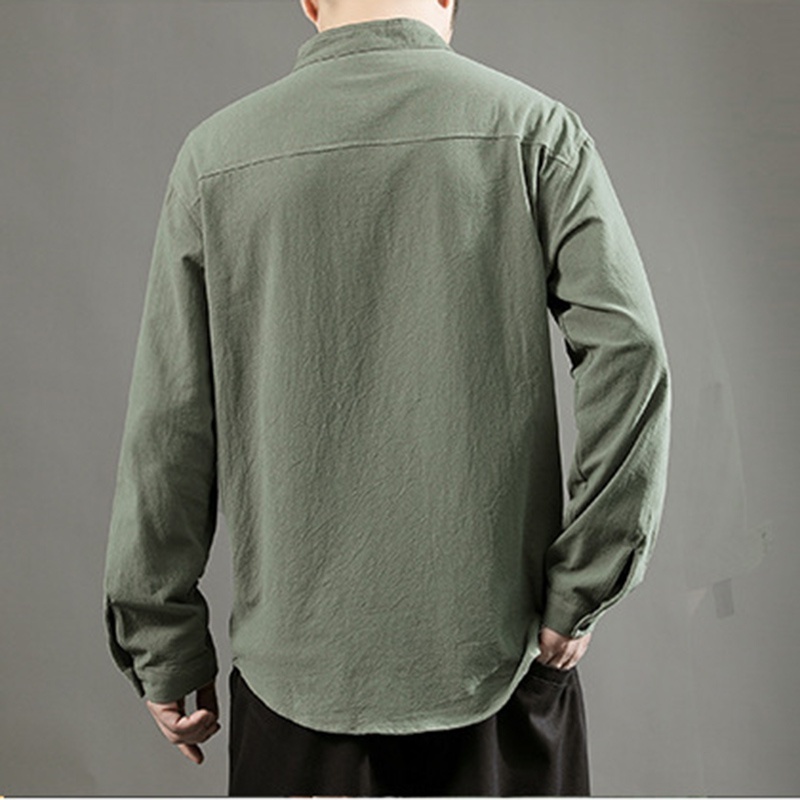 เสื้อเชิ้ตแขนยาวผู้ชายเสื้อยืดลําลองผ้าฝ้ายและผ้าลินินหลวมสําหรับชีวิตประจําวัน - รูปที่ 5