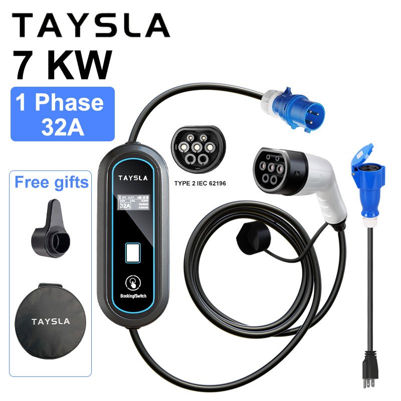 TAYSLA แบบพกพา EV Charger Type2 32A 7KW EVSE ปรับ Current Timing ชาร์จ ควบคุมสําหรับใช้ภายในบ้านและกลางแจ้ง