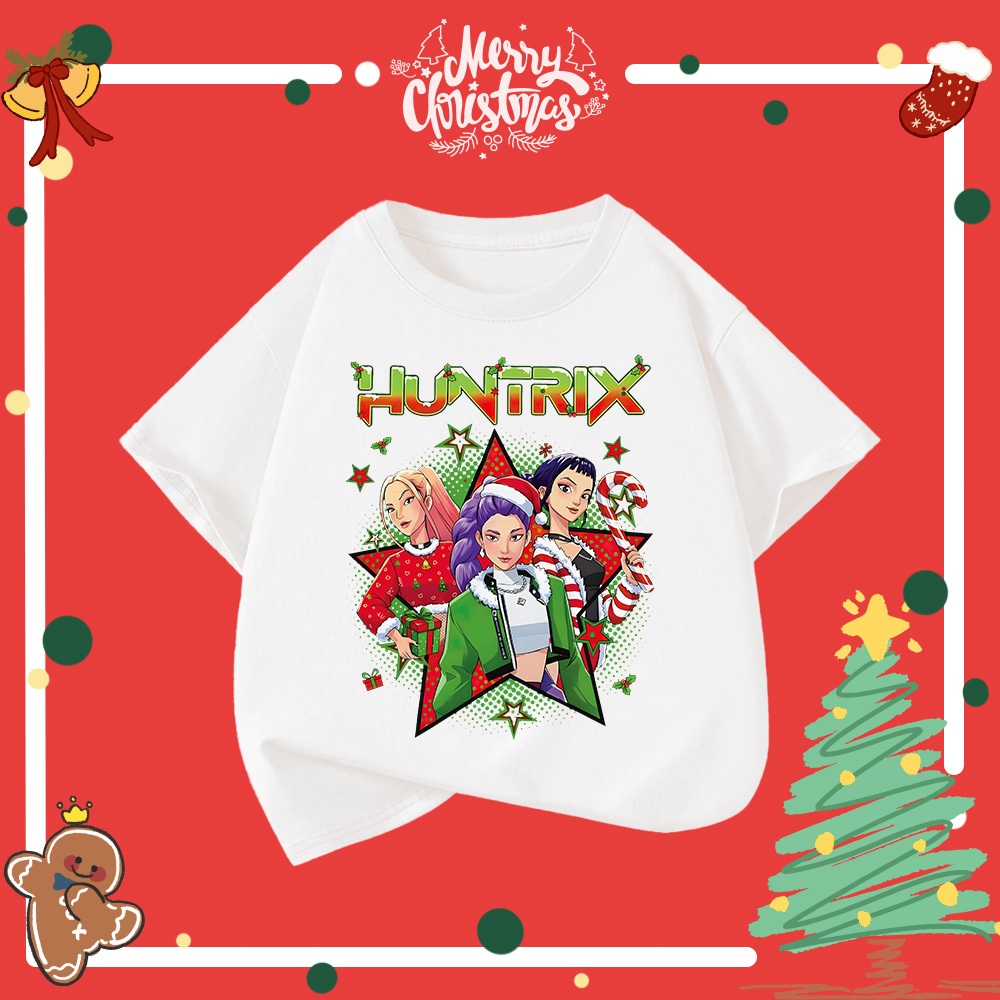 【พร้อมส่ง 24 ชม】เสื้อยืดเด็กผู้หญิง ลาย Demon Hunters คริสต์มาส ผ้าฝ้ายแท้ 100% นุ่มสบาย ระบายอากาศดี
