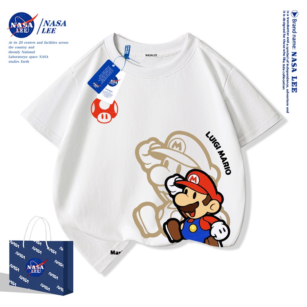 NASA เสื้อยืดเด็ก Super Mario & Luigi ลายการ์ตูนน่ารัก ผ้าฝ้ายแท้ คุณภาพดี คอกลม แขนสั้น สำหรับเด็ก