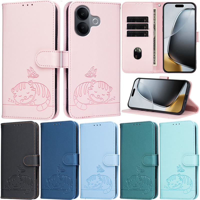 หรูหราสําหรับ Vivo V60 Lite Y31 5G Y500 Y04 Y29S V60 Y400 V50 Lite V29 4G V50 X300 แมวรูปแบบกระเป๋าสตางค์หนัง PU ช่องใส่การ์ดผิวป้องกันพลิกขาตั้งฝาครอบหลายกรณี