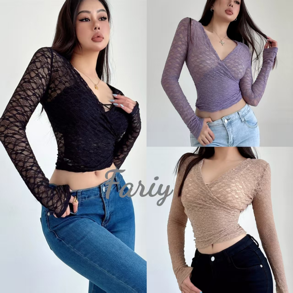 Fariy🍒คลังสินค้าพร้อม🍒 เสื้อยืดคอวีไขว้ลูกไม้สไตล์สาวฮอตสไตล์ยุโรปและอเมริกันสำหรับผู้หญิงฤดูใบไม้ผลิและฤดูใบไม้ร่วงสไตล์เพียวเดสเพียวริฟายด์เสื้อท่อนบนสั้นกระชับสัดส่วน