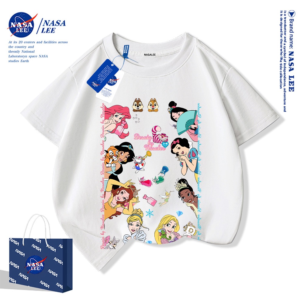 NASA เสื้อยืดเด็กแขนสั้น ผ้า cotton 100% เสื้อยืดเด็กผู้หญิง ลายการ์ตูนเจ้าหญิง นุ่มสบาย ระบายอากาศดี