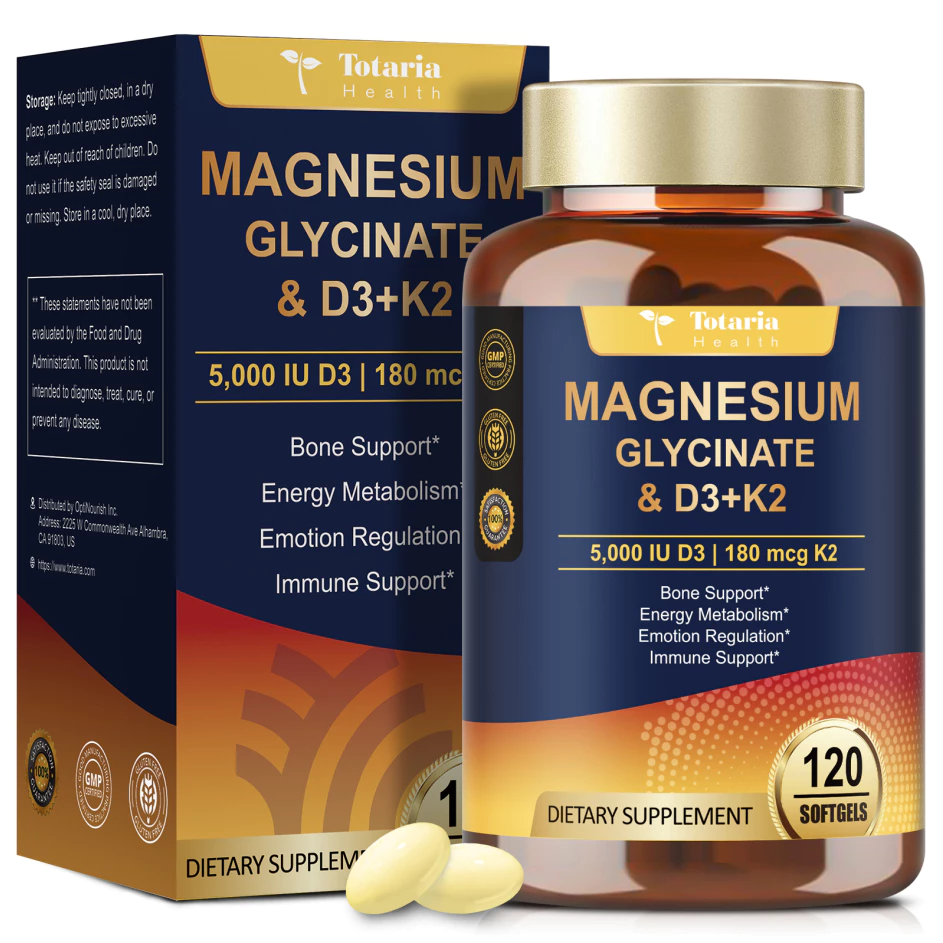 Totaria Magnesium Glycinate อาหารเสริมวิตามิน D3 5000 IU & K2 MK-7, วิตามินซี, วิตามินบีคอมเพล็กซ์, สังกะสี - สุขภาพกระดูก, รองรับภูมิคุ้มกัน, ประสาท & อารมณ์
