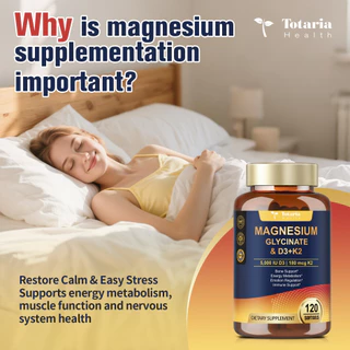 Totaria Magnesium Glycinate อาหารเสริมวิตามิน D3 5000 IU & K2 MK-7, วิตามินซี, วิตามินบีคอมเพล็กซ์, สังกะสี - สุขภาพกระดูก, รองรับภูมิคุ้มกัน, ประสาท & อารมณ์