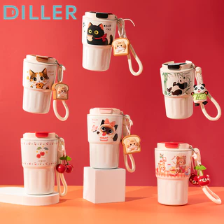 Diller Cat Tumbler Thermos Mug เคลือบเซรามิคเรียงรายถ้วยกาแฟฉนวนสูญญากาศสแตนเลส 340ml D9396