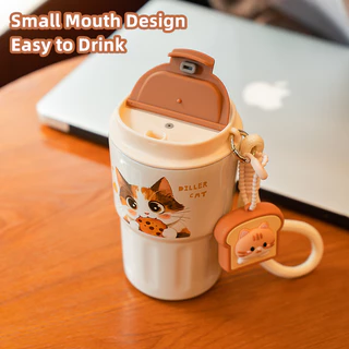 Diller Cat Tumbler Thermos Mug เคลือบเซรามิคเรียงรายถ้วยกาแฟฉนวนสูญญากาศสแตนเลส 340ml D9396